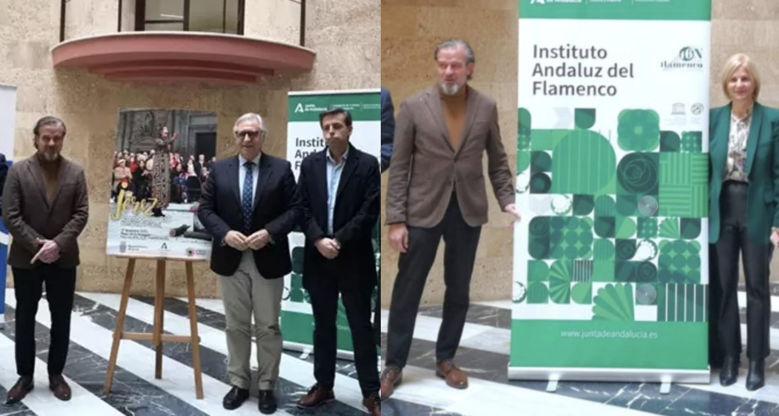 Foto oficial (en la imagen de la izda.) y la foto que Pelayo 'peleó', aunque ya sin el cartel oficial de la Zambomba BIC en Jerez.