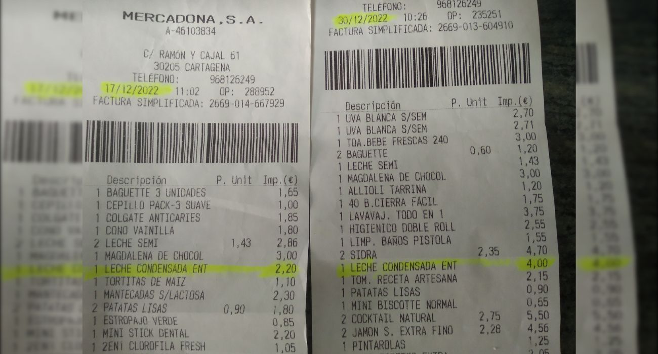 Dos tickets donde se puede ver el aumento de precio que ha tenido un producto en Mercadona. Dos tickets donde se puede ver el aumento de precio que ha tenido un producto en Mercadona.