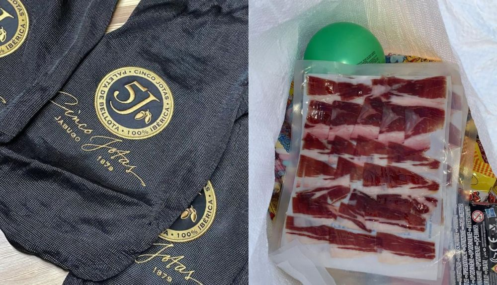 Las paletillas ibéricas y los paquetes de jamón que se repartían en la cabalgata de Reyes Magos de Estella.