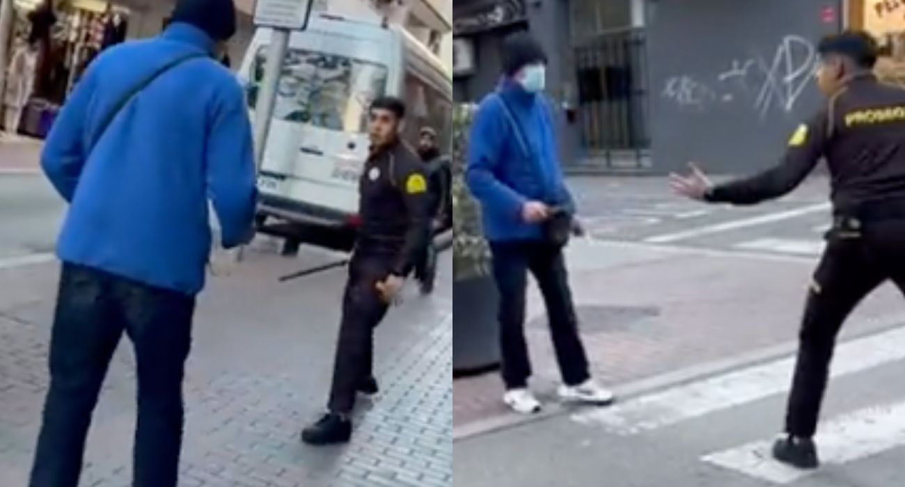 Dos imágenes de la actuación del vigilante de seguridad para retener al atracador. Dos imágenes de la actuación del vigilante de seguridad para retener al atracador.