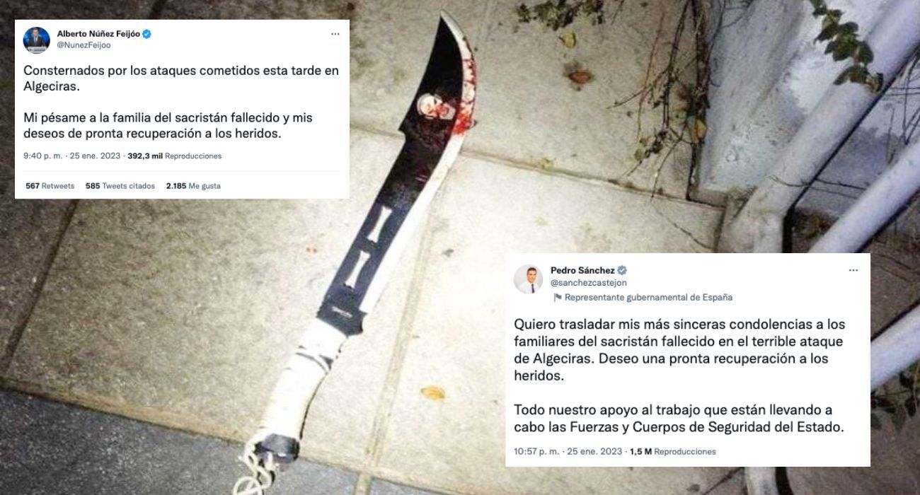 Los mensajes de Sánchez y Feijóo, junto al arma empleada por el presunto yihadista en Algeciras. Los mensajes de Sánchez y Feijóo, junto al arma empleada por el presunto yihadista en Algeciras.