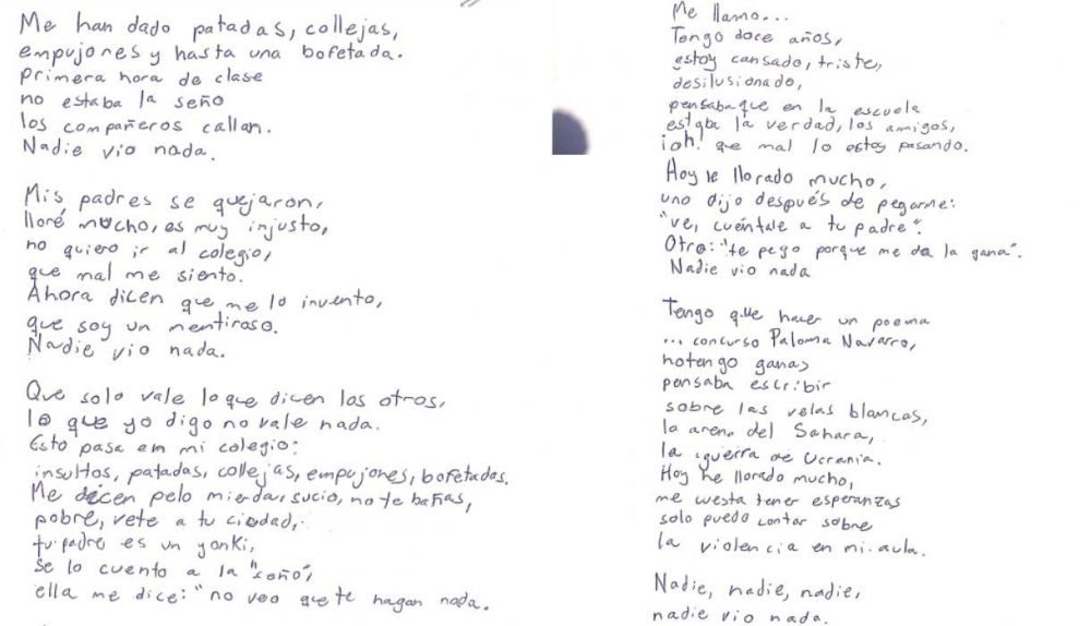 La poesía en la que Pablo denuncia el acoso escolar que sufre en su colegio.