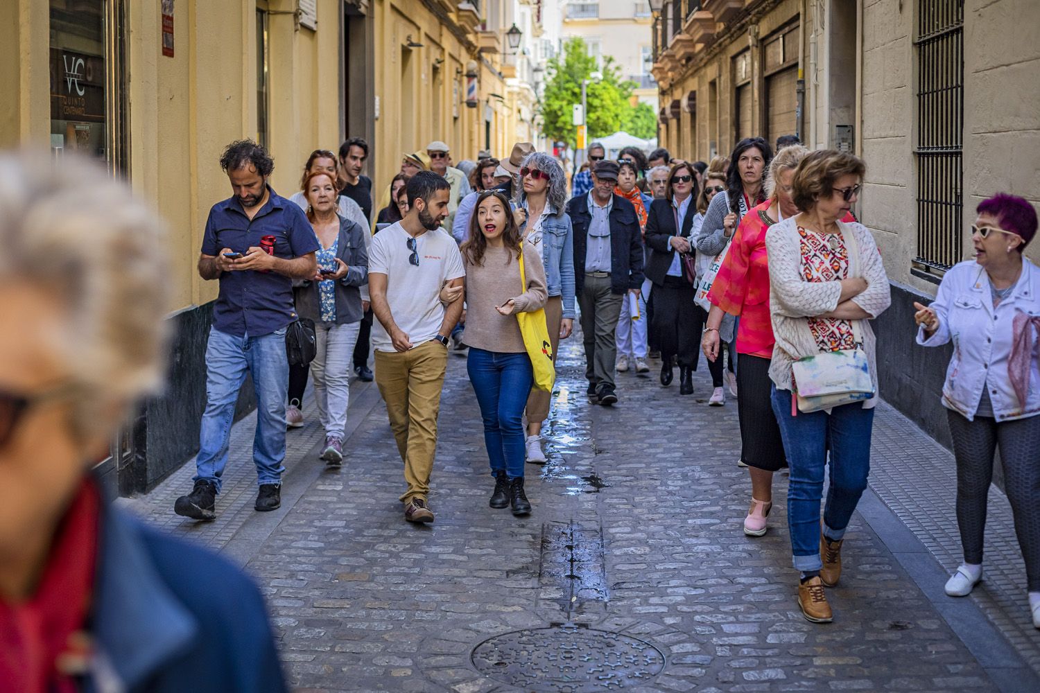 La multitudinaria visita discurre desde la plaza de San Francisco hacia la Alameda Apodaca, con paradas en varias localizaciones de la vida de Fernán Caballero y su familia.