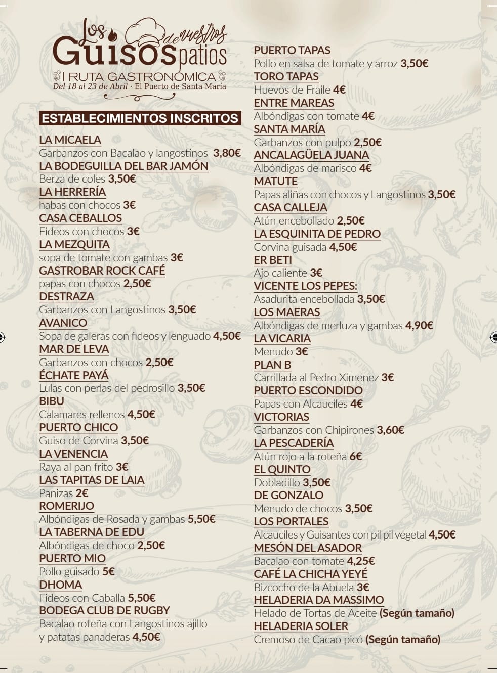 Carta de guisos tradicionales en El Puerto. 