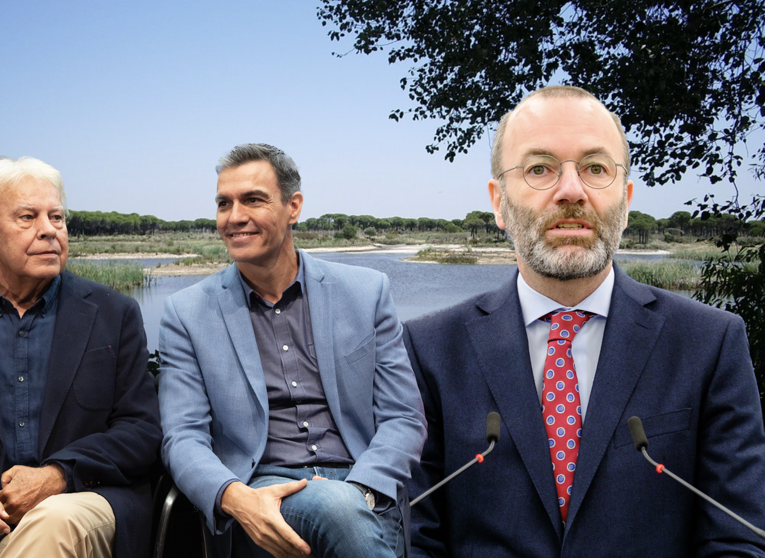 En el fotomontaje, Felipe González, Pedro Sánchez y Manfred Weber, con Doñana al fondo. En el fotomontaje, Felipe González, Pedro Sánchez y Manfred Weber, con Doñana al fondo.