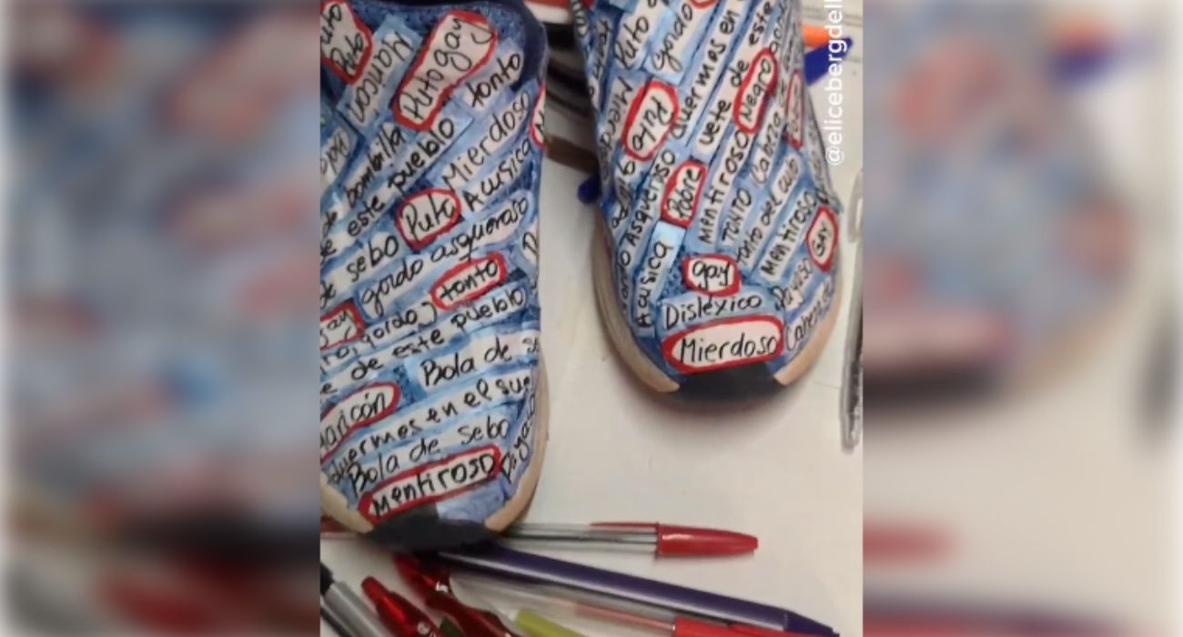Un par de zapatos que recogen algunos insultos que reciben los menores que sufren acoso escolar. Un par de zapatos que recogen algunos insultos que reciben los menores que sufren acoso escolar.