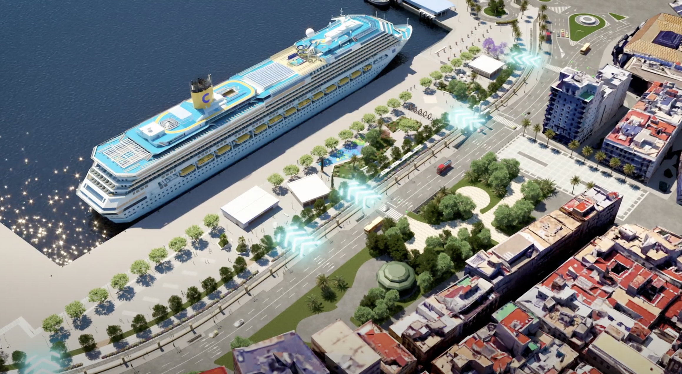 Fotograma del vídeo compartido por Autoridad Portuaria que recrea cómo será el nuevo puerto de Cádiz.  APBC