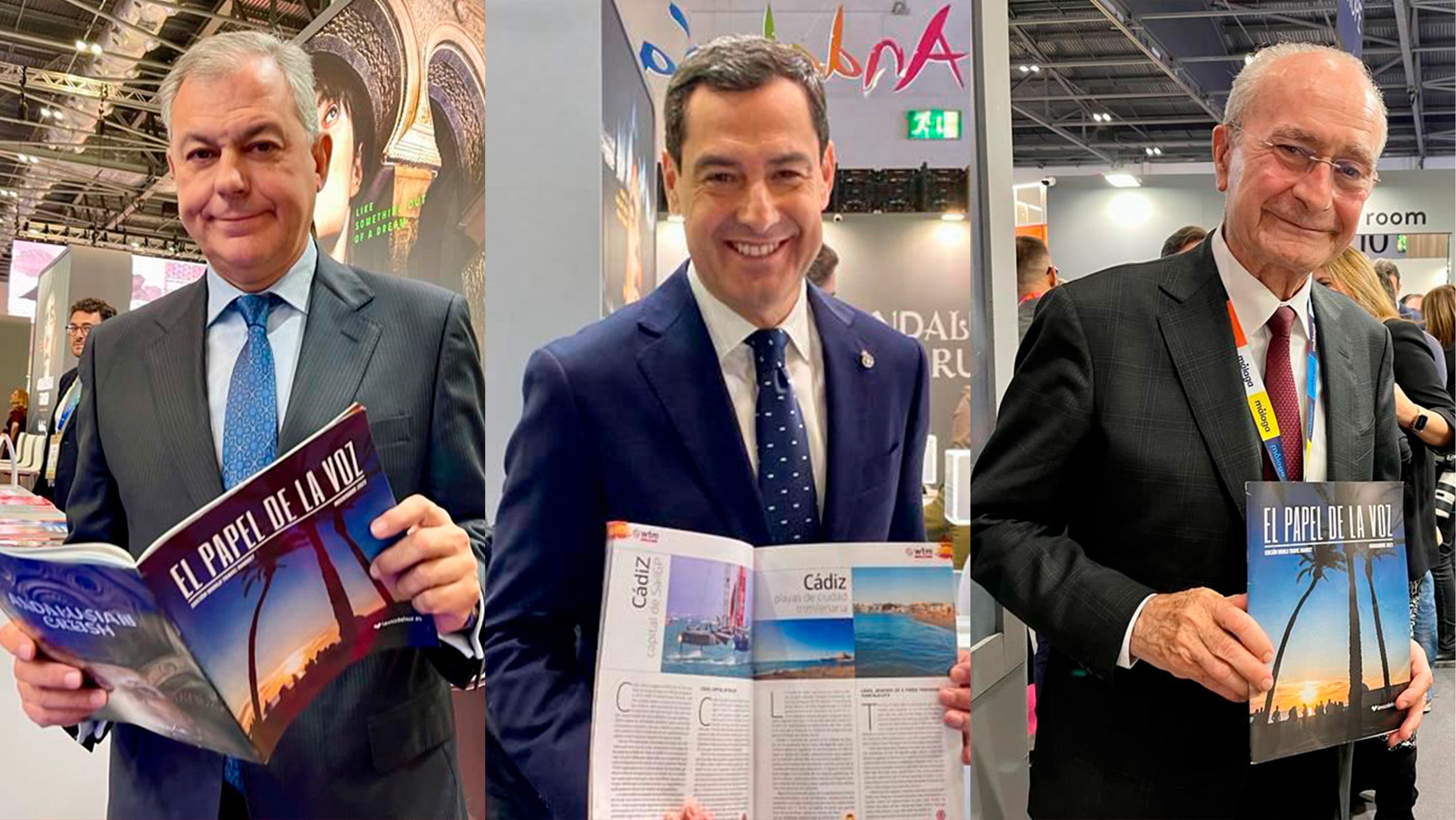 De izda. a dcha., José Luis Sanz, Juanma Moreno y Francisco de la Torre, con 'El Papel de La Voz' en la World Travel Market 2023, este lunes en Londres.