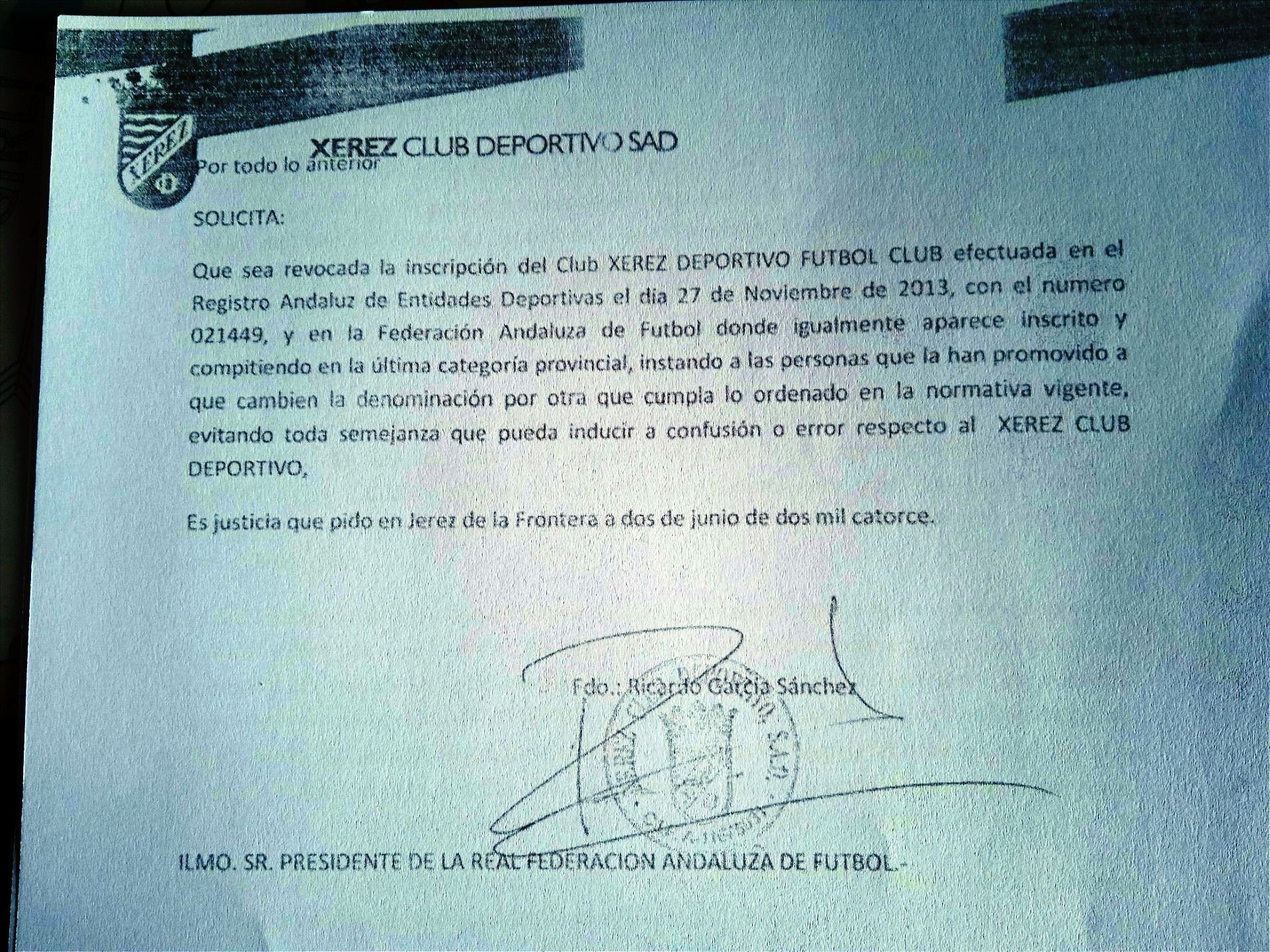 Denuncia de Ricardo García al Xerez DFC.