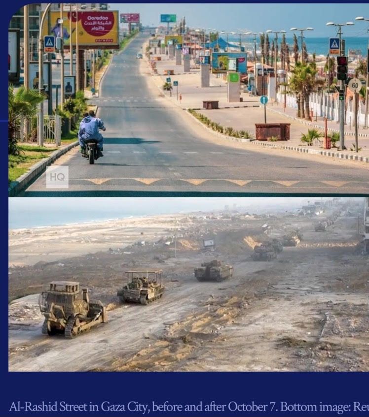 a La avenida Al Rashid de Gaza, antes y después del 7 de octubre.