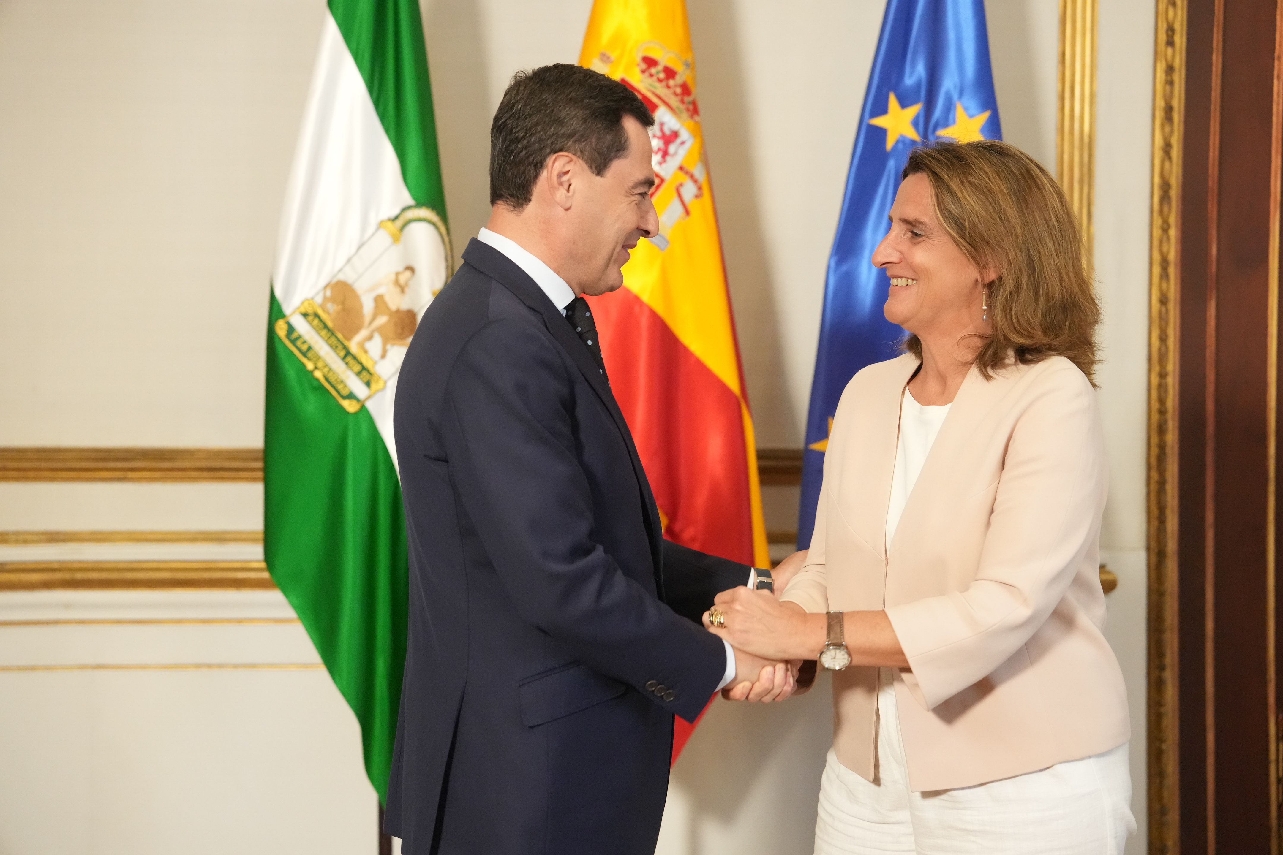 Teresa Ribera con Juanma Moreno, presidente de la Junta. Teresa Ribera con Juanma Moreno, presidente de la Junta.