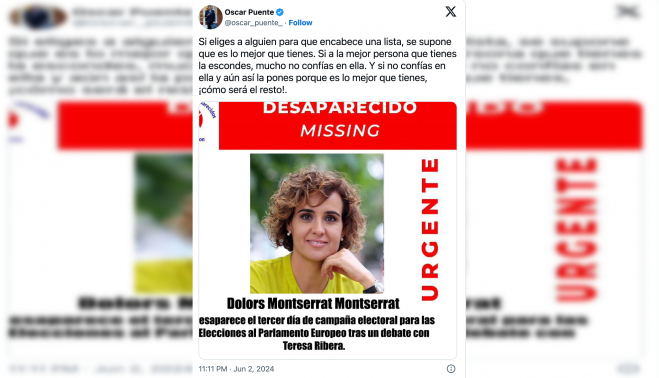 El mensaje, con el cartel de la asociación SOS Desaparecidos, utilizado por Óscar Puente.