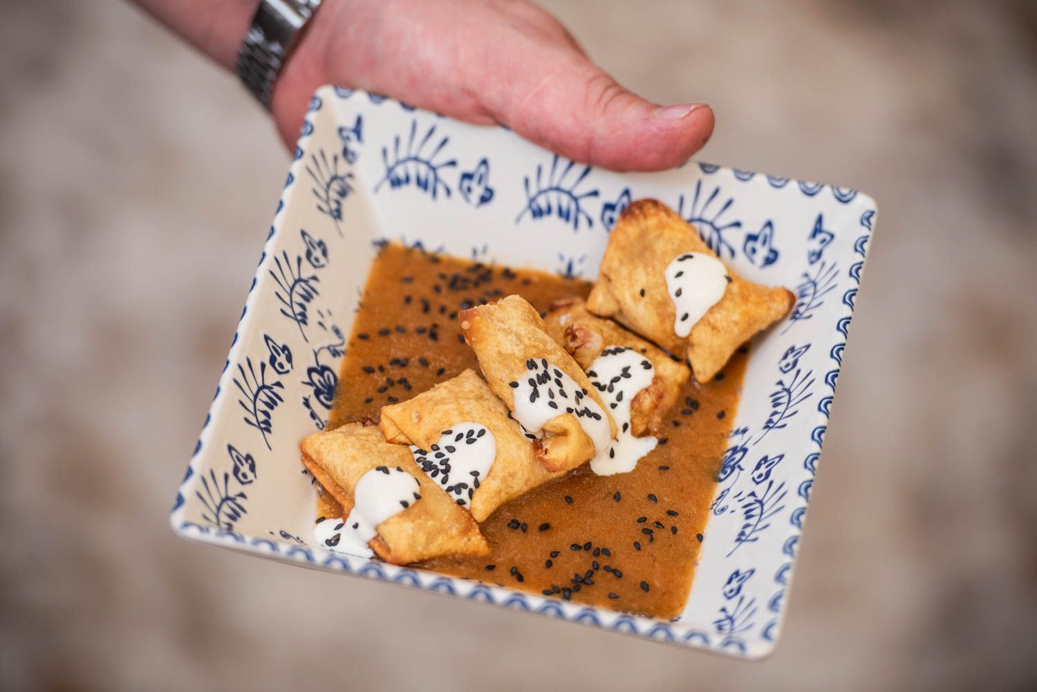 Raviolis crujientes de cola de toro con salsa de su jugo y cremoso de payoyo