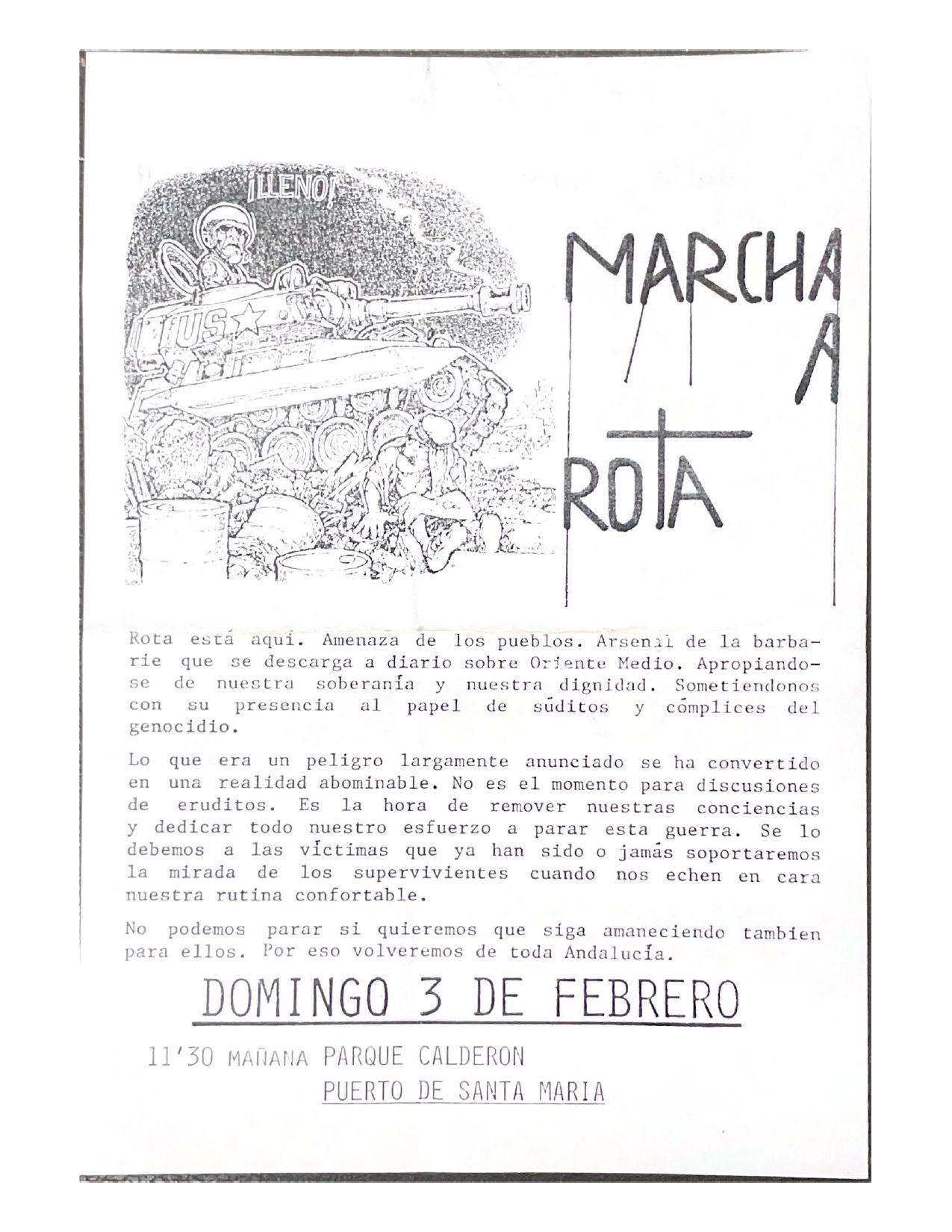 Un folleto llamando a la Marcha a Rota de 1991.