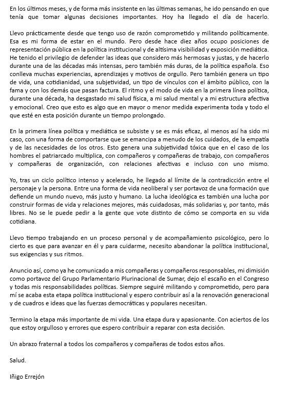 La carta que Íñigo Errejón hace pública con su dimisión.