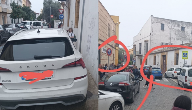 Otras dos imágenes de estacionamiento de vehículos en la entrada de La Salle Buen Pastor. 