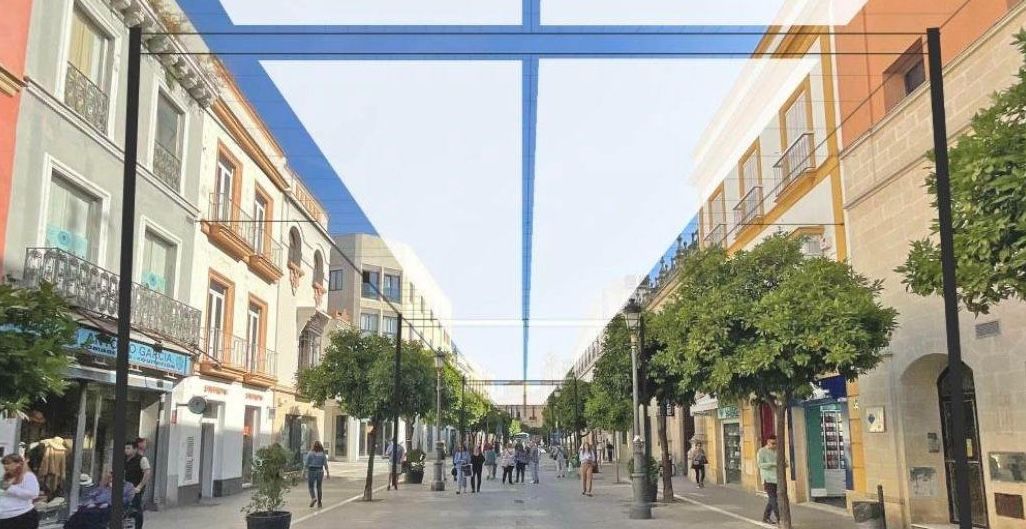 Recreación de la calle Larga de Jerez con toldos.