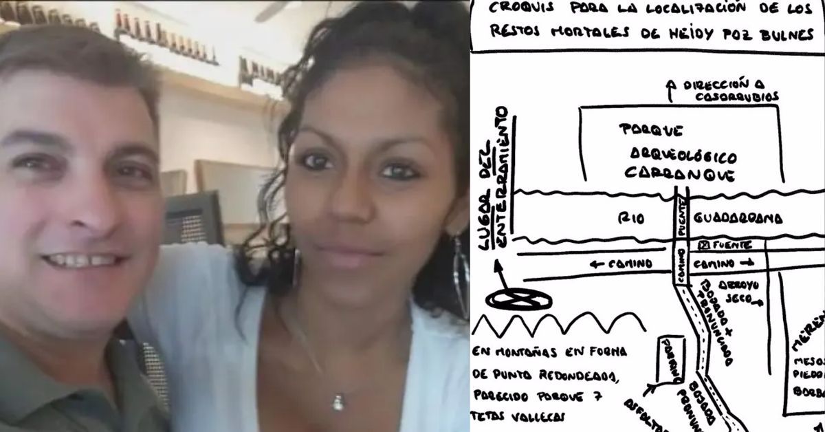 El 'Rey del Cachopo', junto a Heidi, a la que asesinó en 2018, y el plano que ha aportado para su localización.