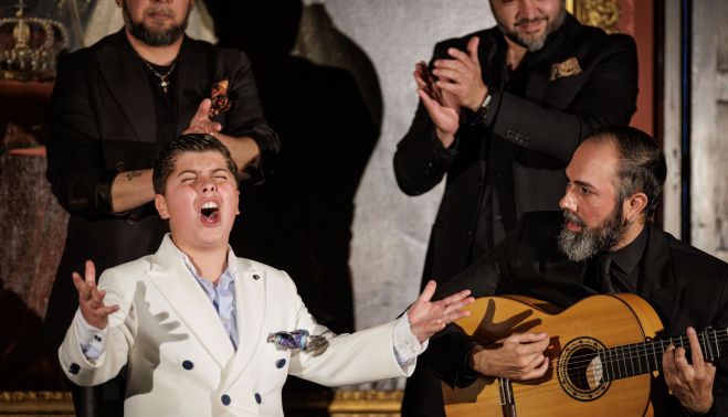 Manuel Monje (chico) junto a Nono Jero, Manuel Cantarote y Juan Diego Valencia en el 29 Festival de Jerez.