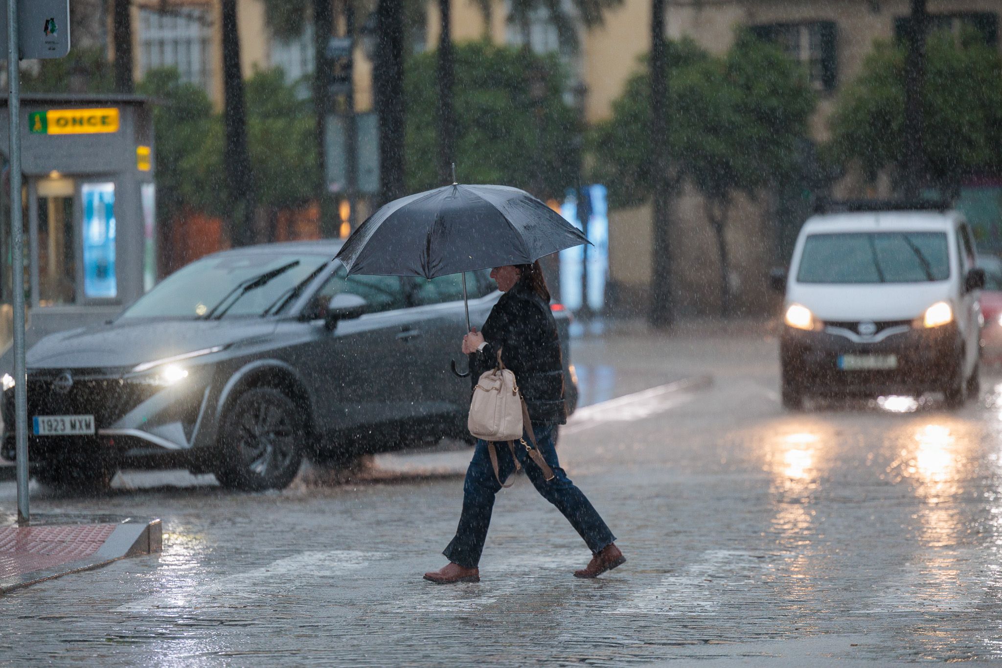 Una mujer, paseando por Jerez en plena lluvia por 'Konrad'.