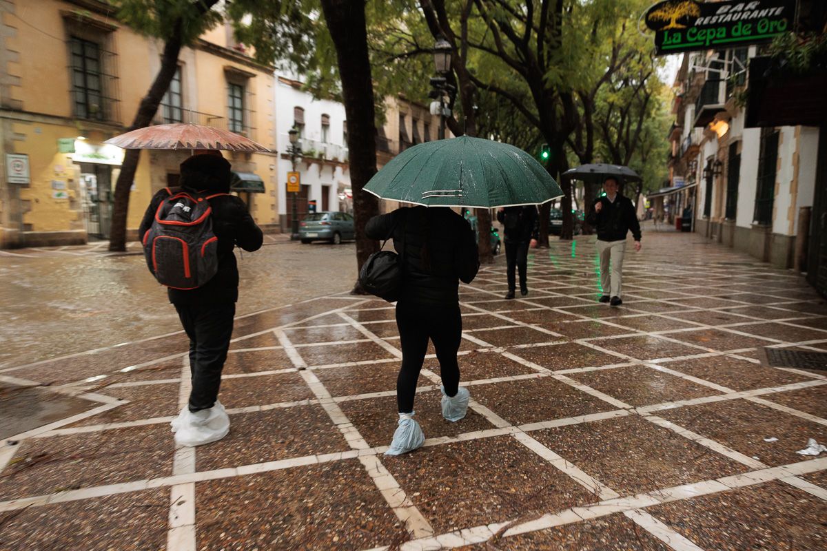 La borrasca 'Konrad' inunda las calles Ancha y Porvera de Jerez. 