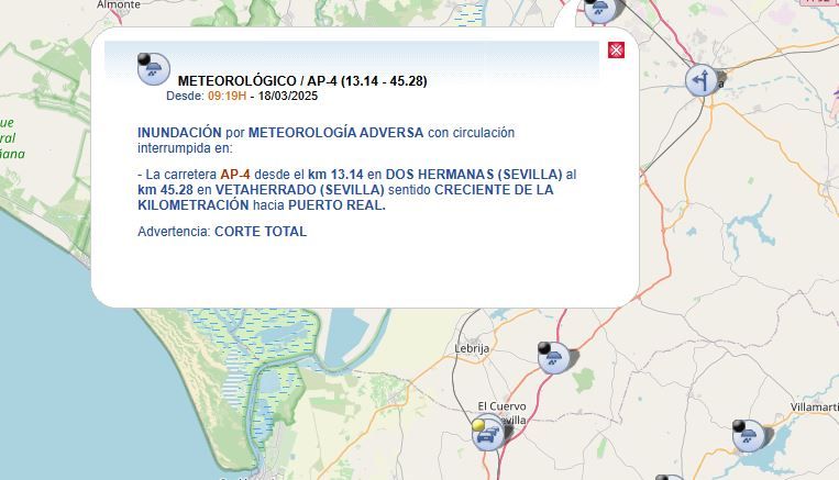 Aviso del corte total de la AP-4 entre Dos Hermanas y Vetaherrado, en Las Cabezas.
