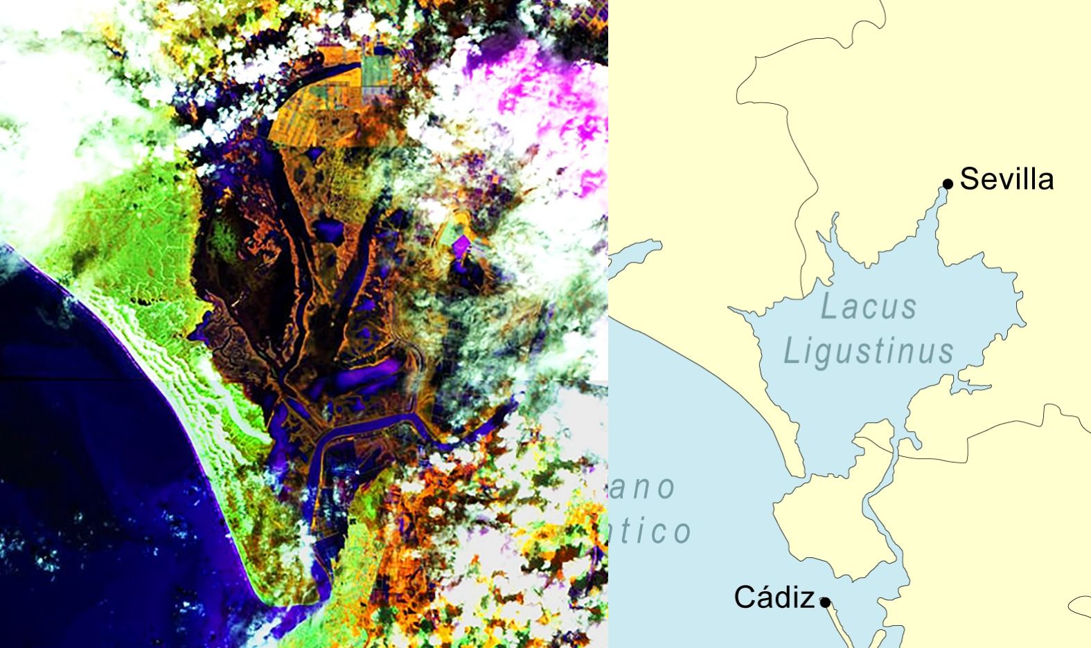 La imagen por satélite y el mapa del antiguo Lacus Ligustinus. La imagen por satélite y el mapa del antiguo Lacus Ligustinus.