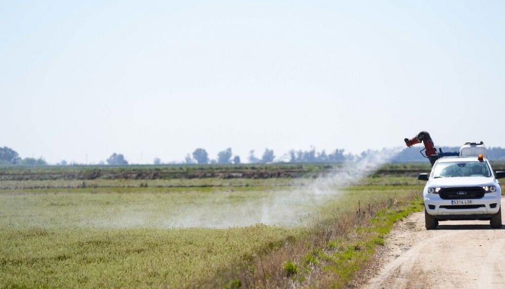 Un vehículo fumiga un campo frente a los mosquitos.