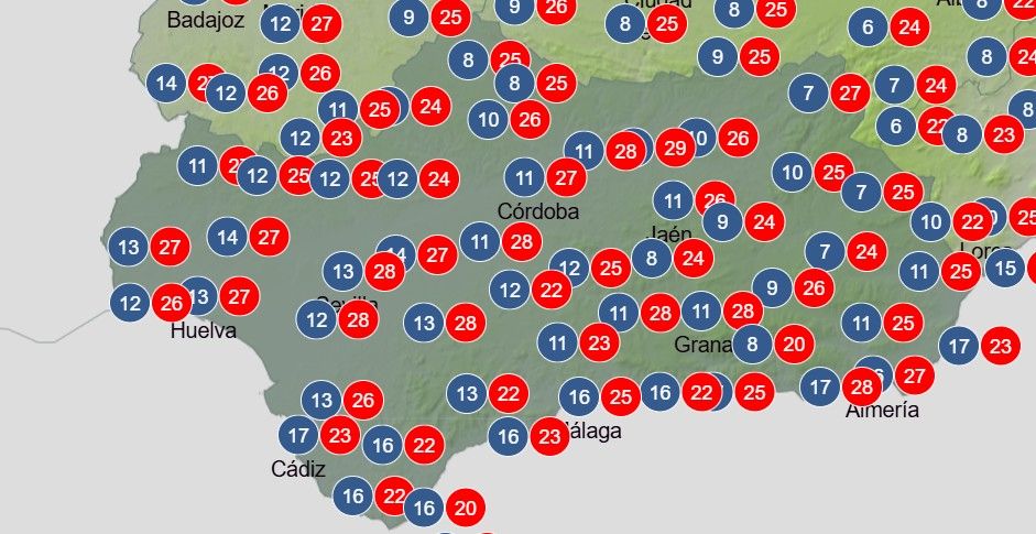 Máximas y mínimas para el miércoles en Andalucía