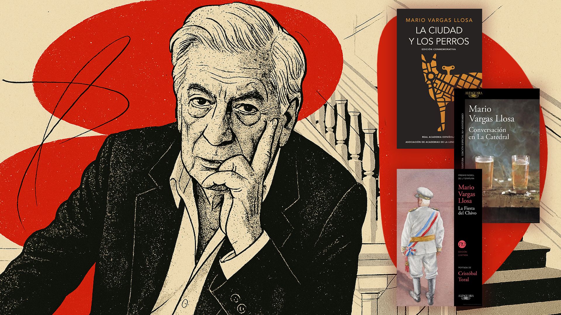 Mario Vargas Llosa, rodeado de algunas de sus grandes novelas. Montaje de Jorge Franco.
