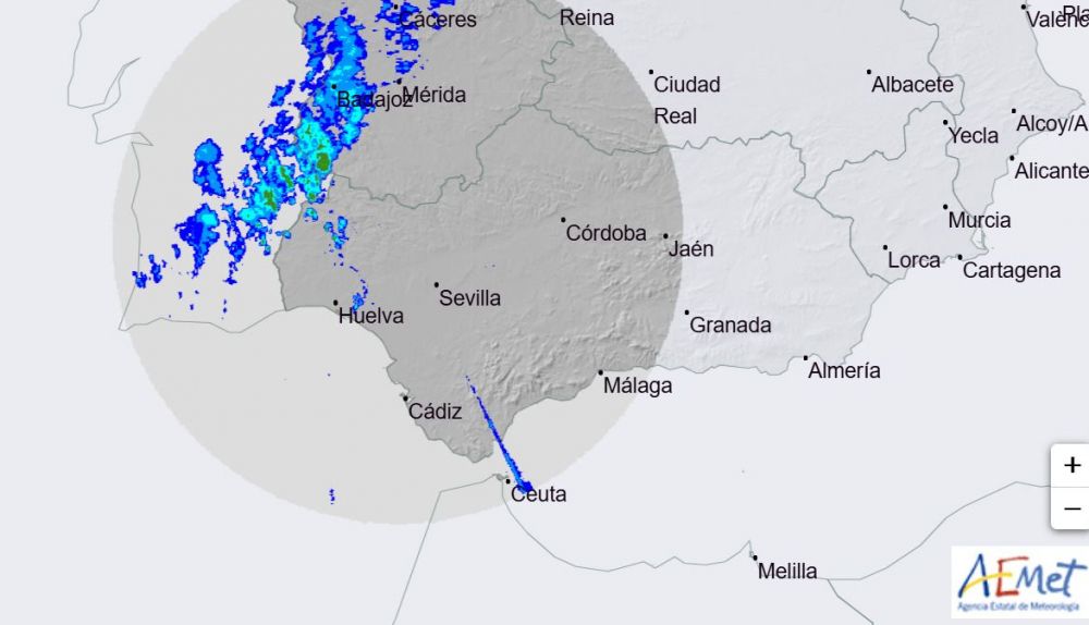 Imagen del radar de lluvias, que muestra la borrasca entrando en Andalucía.