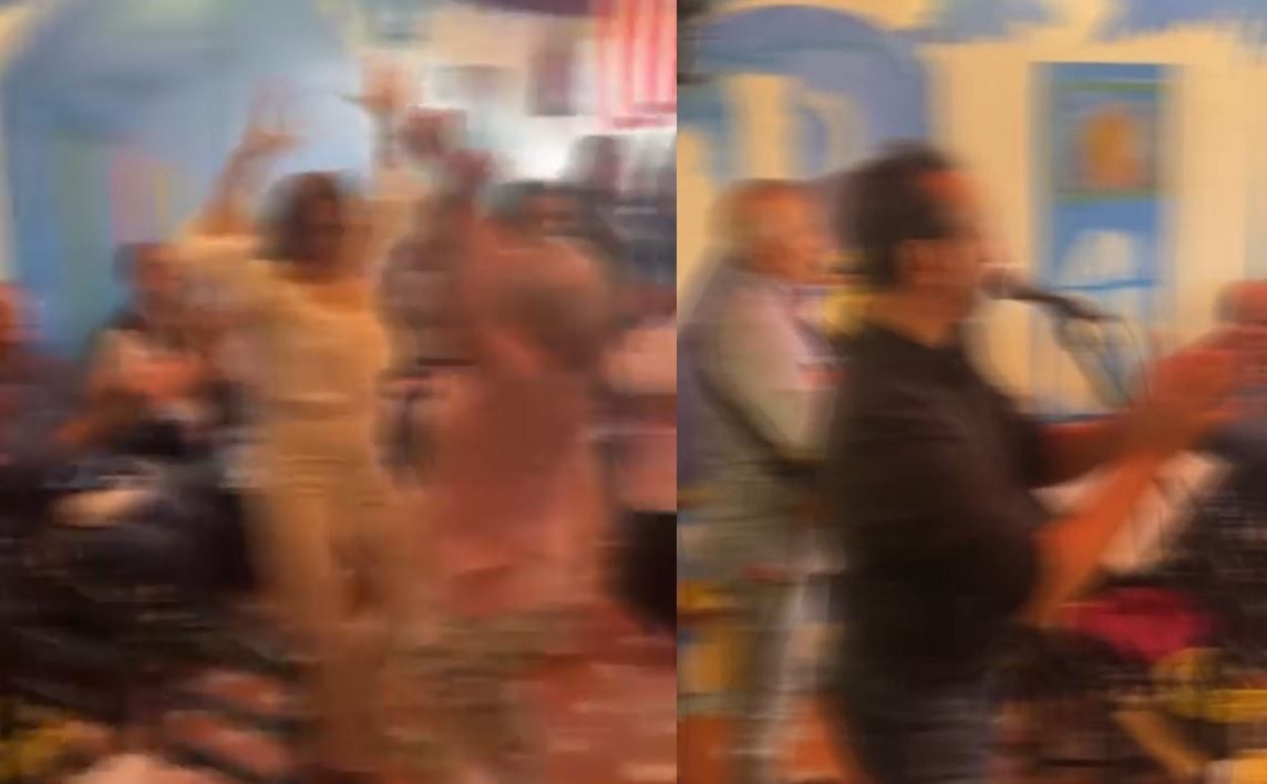 Capturas de un vídeo del periodista Antonio Bustos sobre la 'pre Feria' de Sevilla este sábado, en el interior de una caseta.