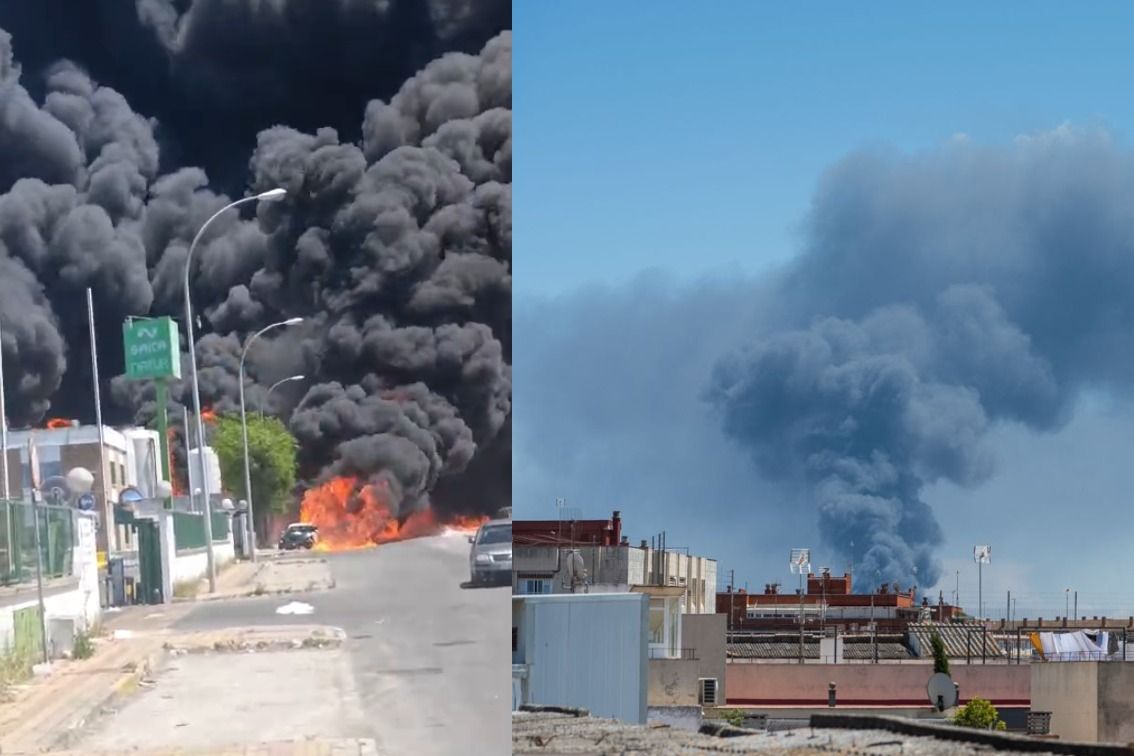 A la izquierda, el incendio desde la calle; a la derecha, visible desde el centro de Sevilla. A la izquierda, el incendio desde la calle; a la derecha, visible desde el centro de Sevilla.