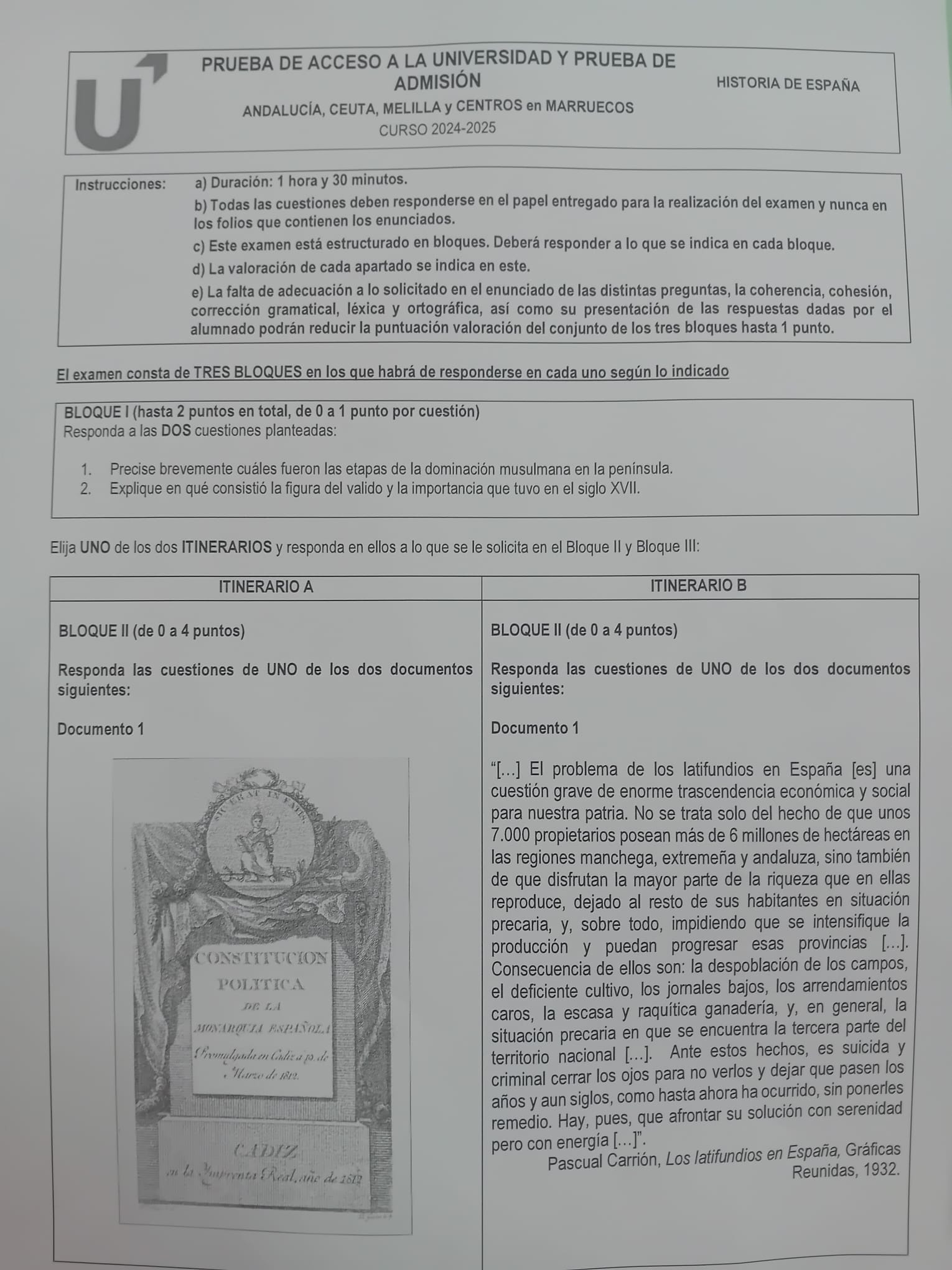 La primera parte del examen de Historia en Andalucía 2025.