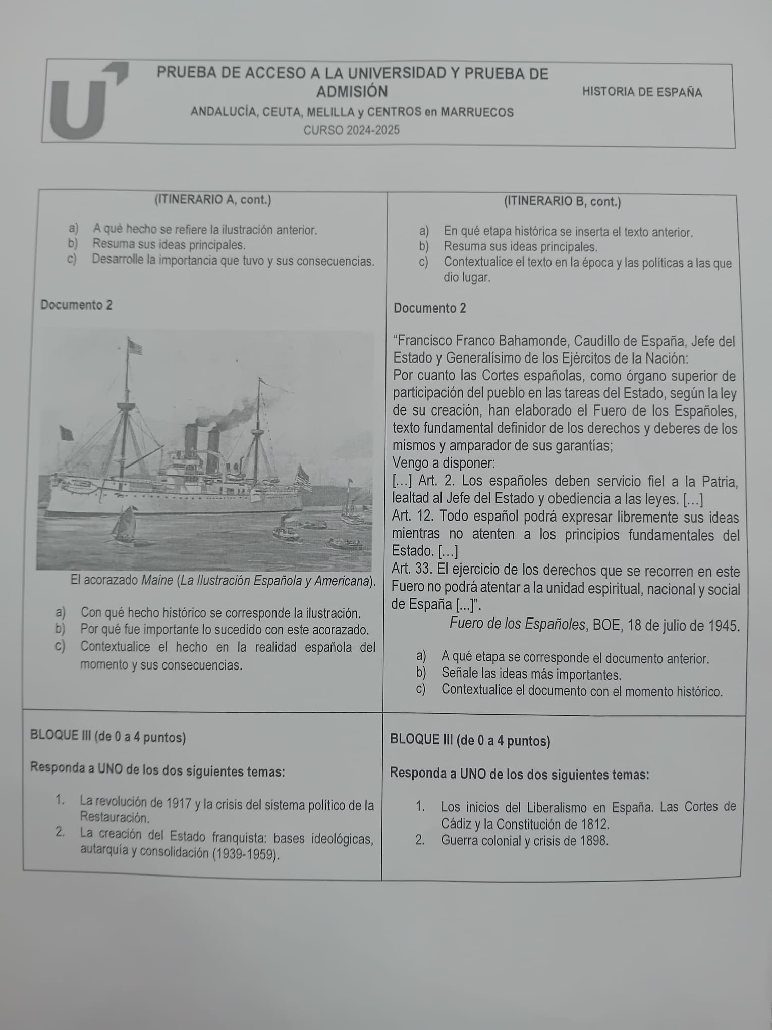La segunda hoja del examen de Historia 2025.