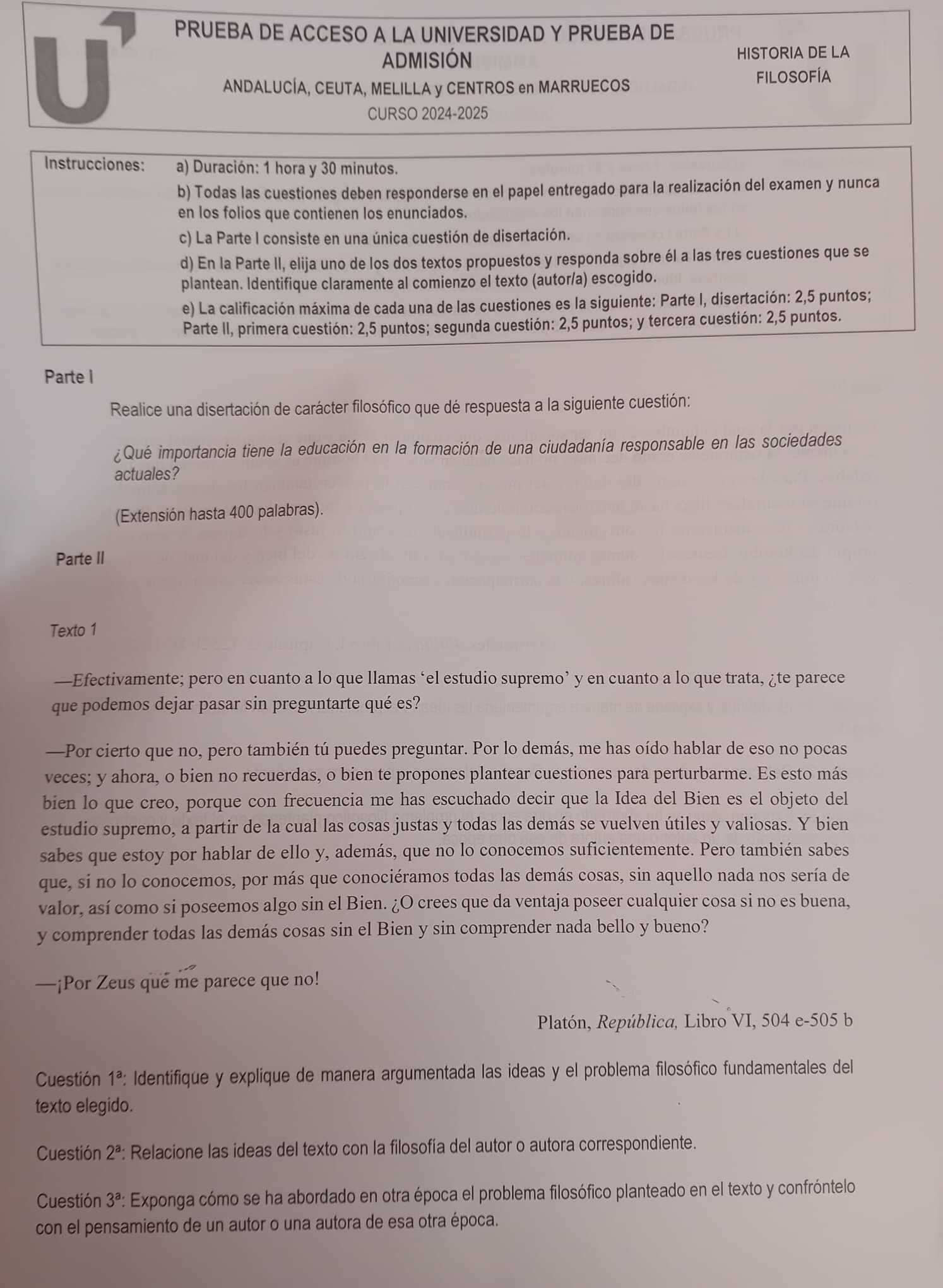 La primera parte del examen de Filosofía en la PAU de Andalucía.
