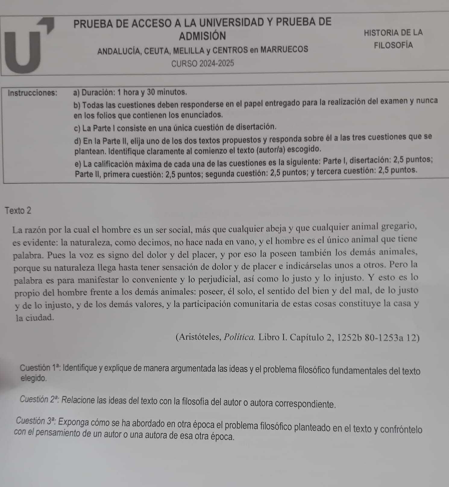 La segunda hoja de Filosofía en la Selectividad andaluza.