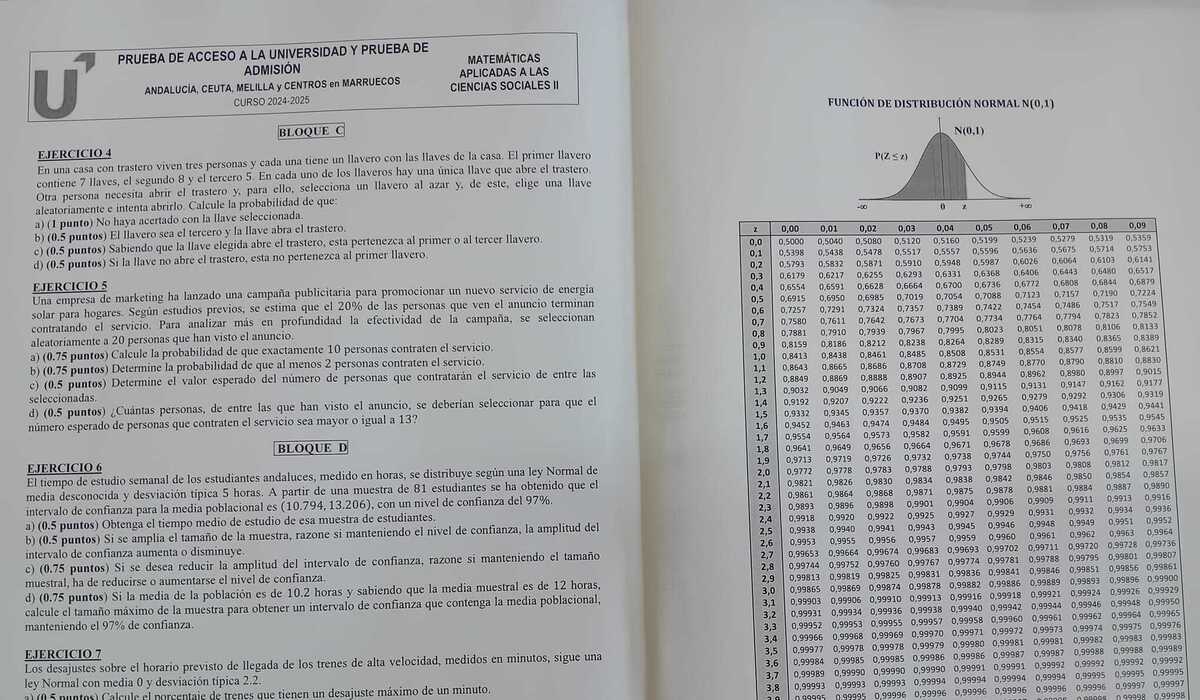 Extracto del examen PAU 2025 en Andalucía de Matemáticas Aplicadas a las Ciencias Sociales.