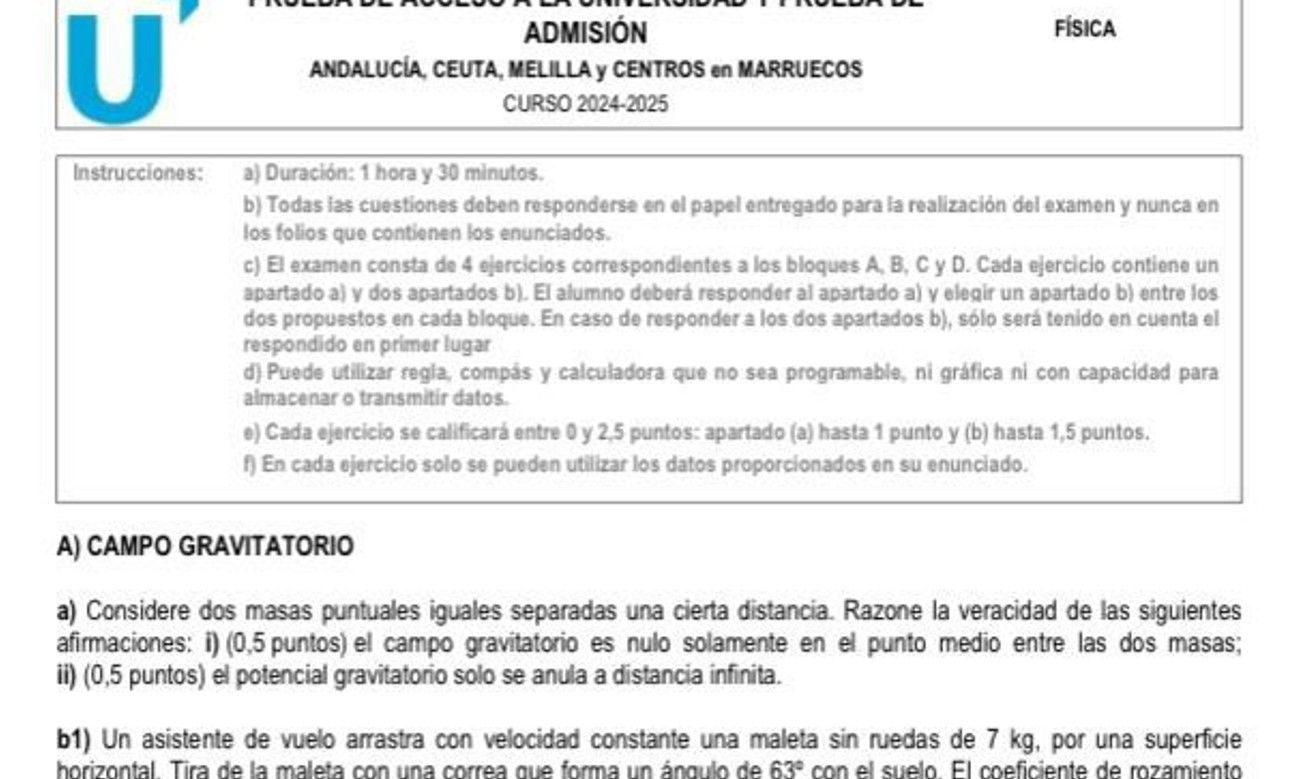 Extracto del examen de física en la PAU 2025 de Andalucía.