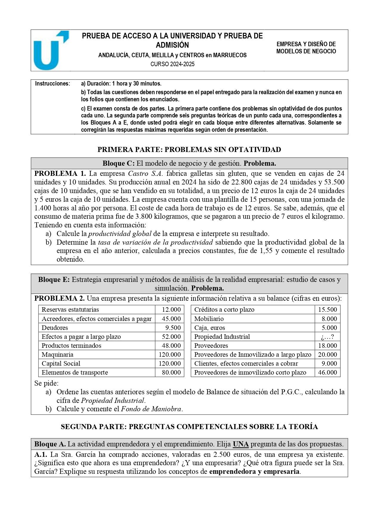 La primera parte del examen de Economía de la PAU andaluza 2025.