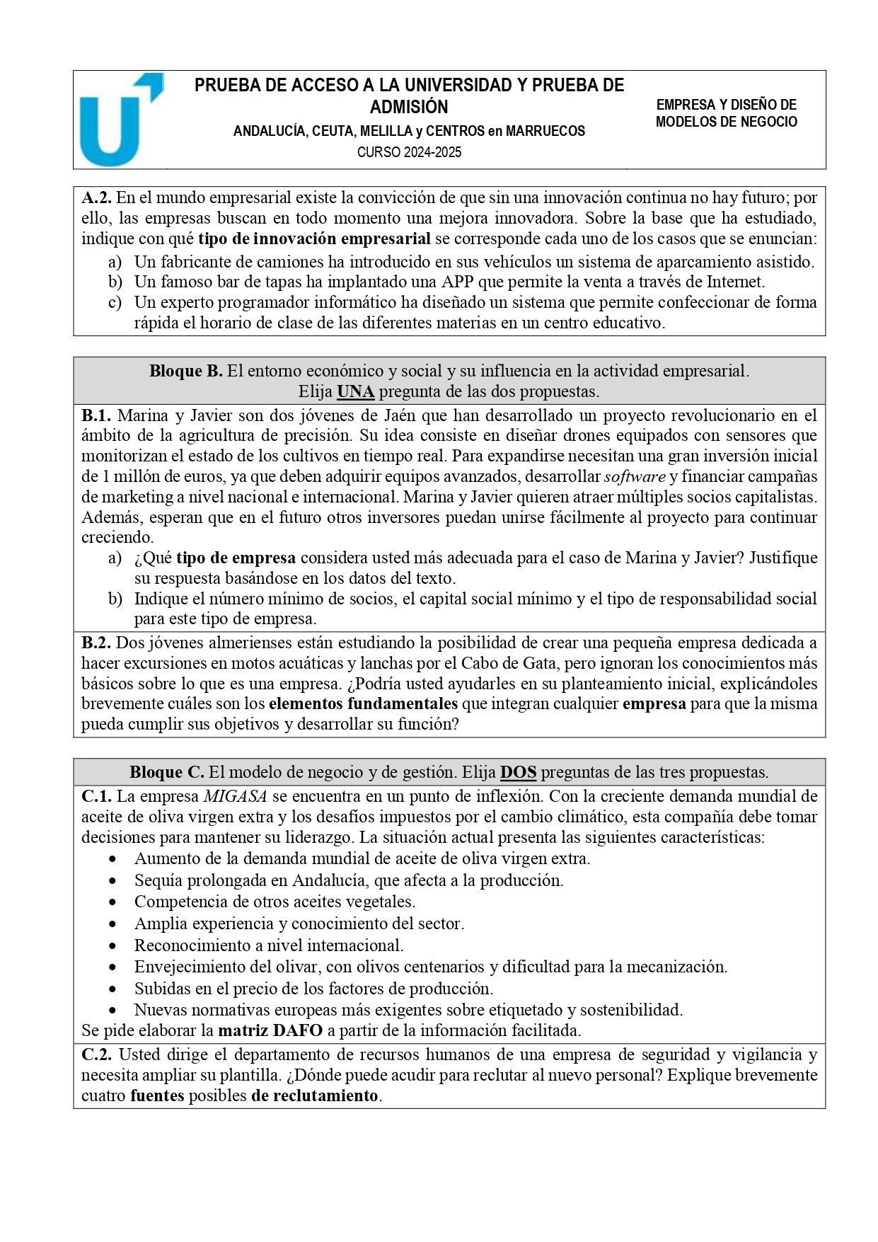 La segunda hoja del examen de la PAU andaluza de Empresa y Diseño de Modelos 2025.