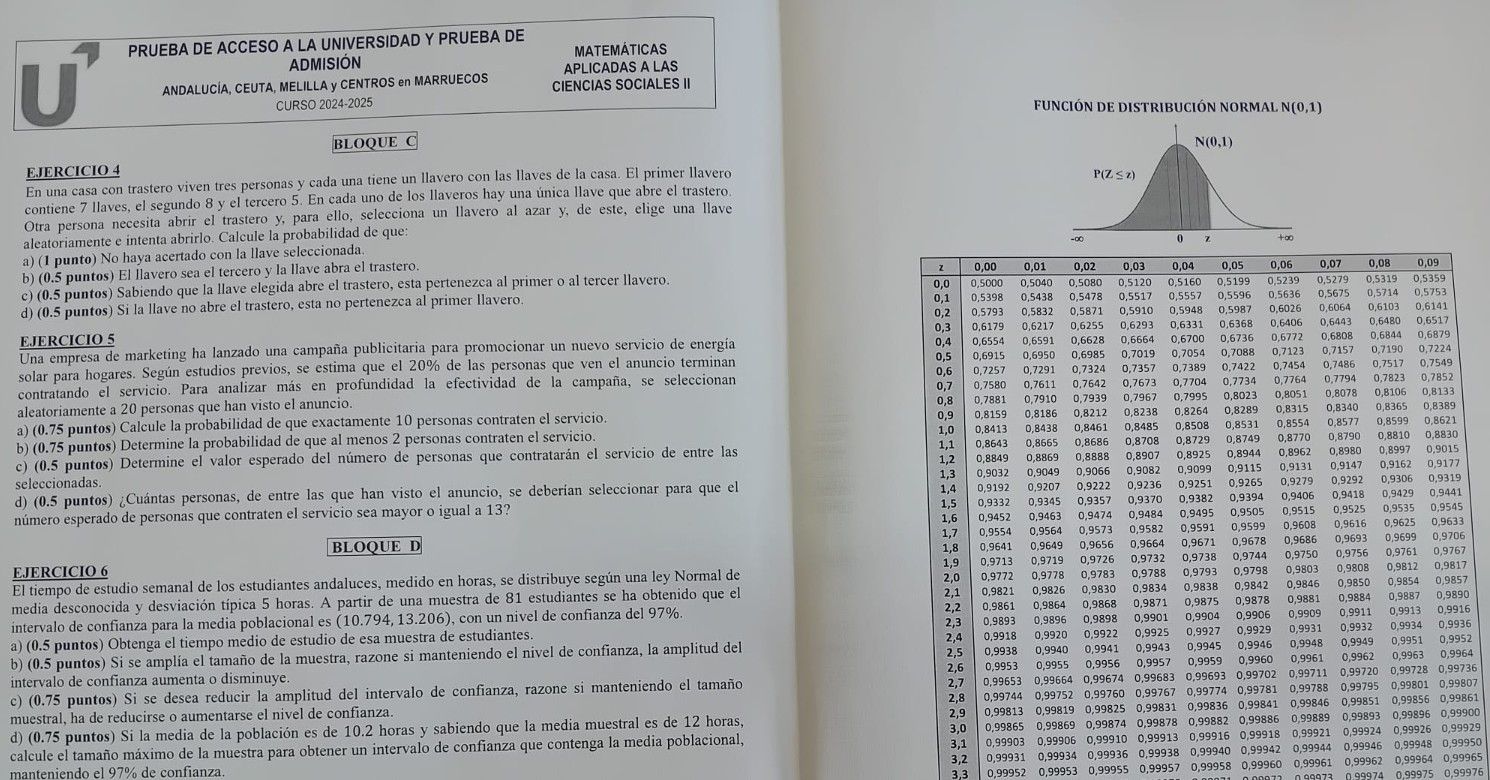Un extracto del examen de matemáticas aplicadas a las ciencias sociales de la PAU de Andalucía 2025.