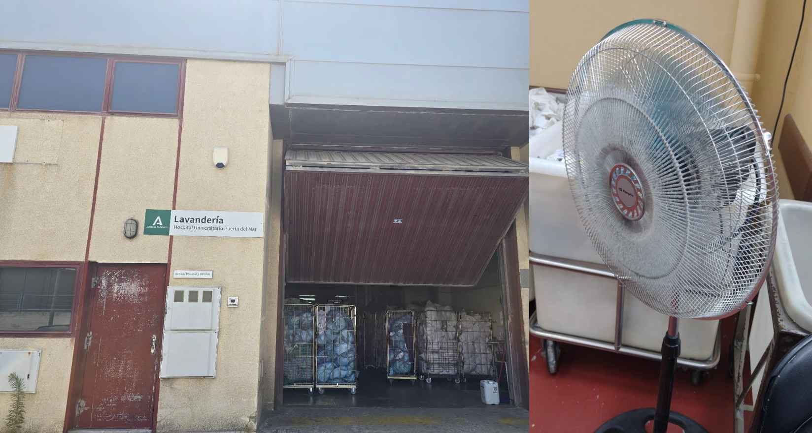 Un ventilador para combatir las condiciones de calor extremo en la lavandería del Hospital Puerta del Mar.