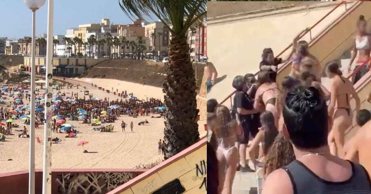 Una imagen de la trifulca multitudinaria en la playa de Santa María del Mar y la pelea formada en una de las escaleras de acceso.