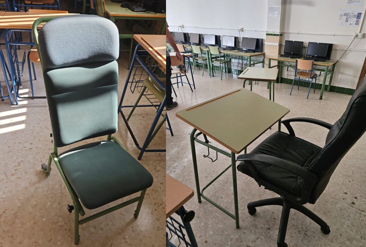 Sillas y mesa que ofrecieron a la opositora para su prueba en las oposiciones a docentes de Andalucía.  CEDIDA