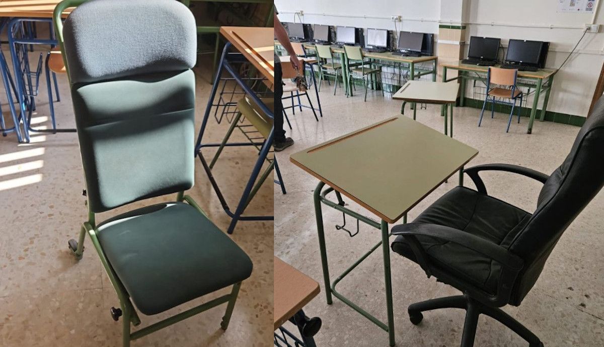 Sillas y mesa que ofrecieron a la opositora para su prueba en las oposiciones a docentes de Andalucía.  CEDIDA