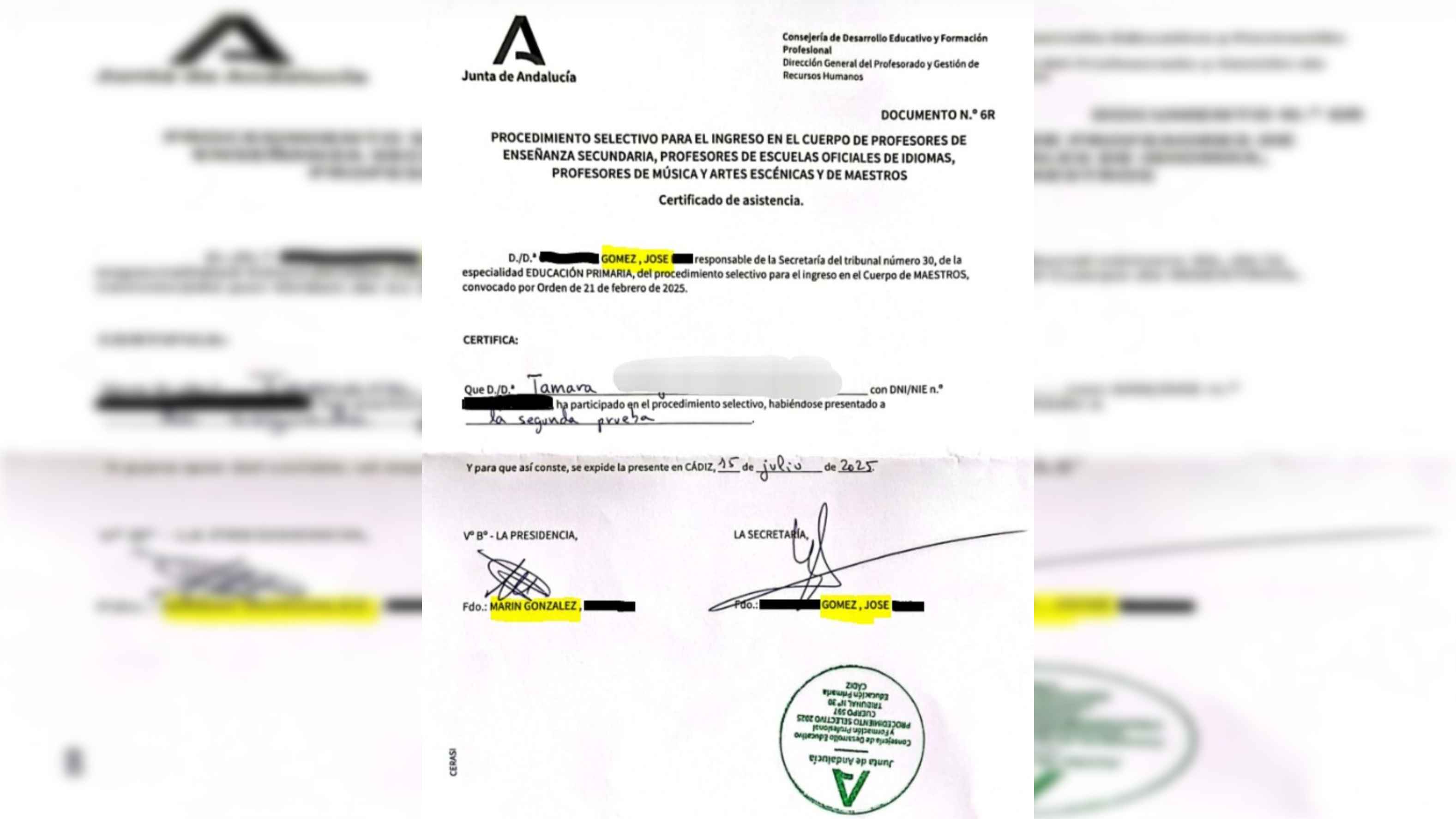El justificante solicitado por una opositora al tribunal que incluye seis faltas. El justificante solicitado por una opositora al tribunal que incluye seis faltas.