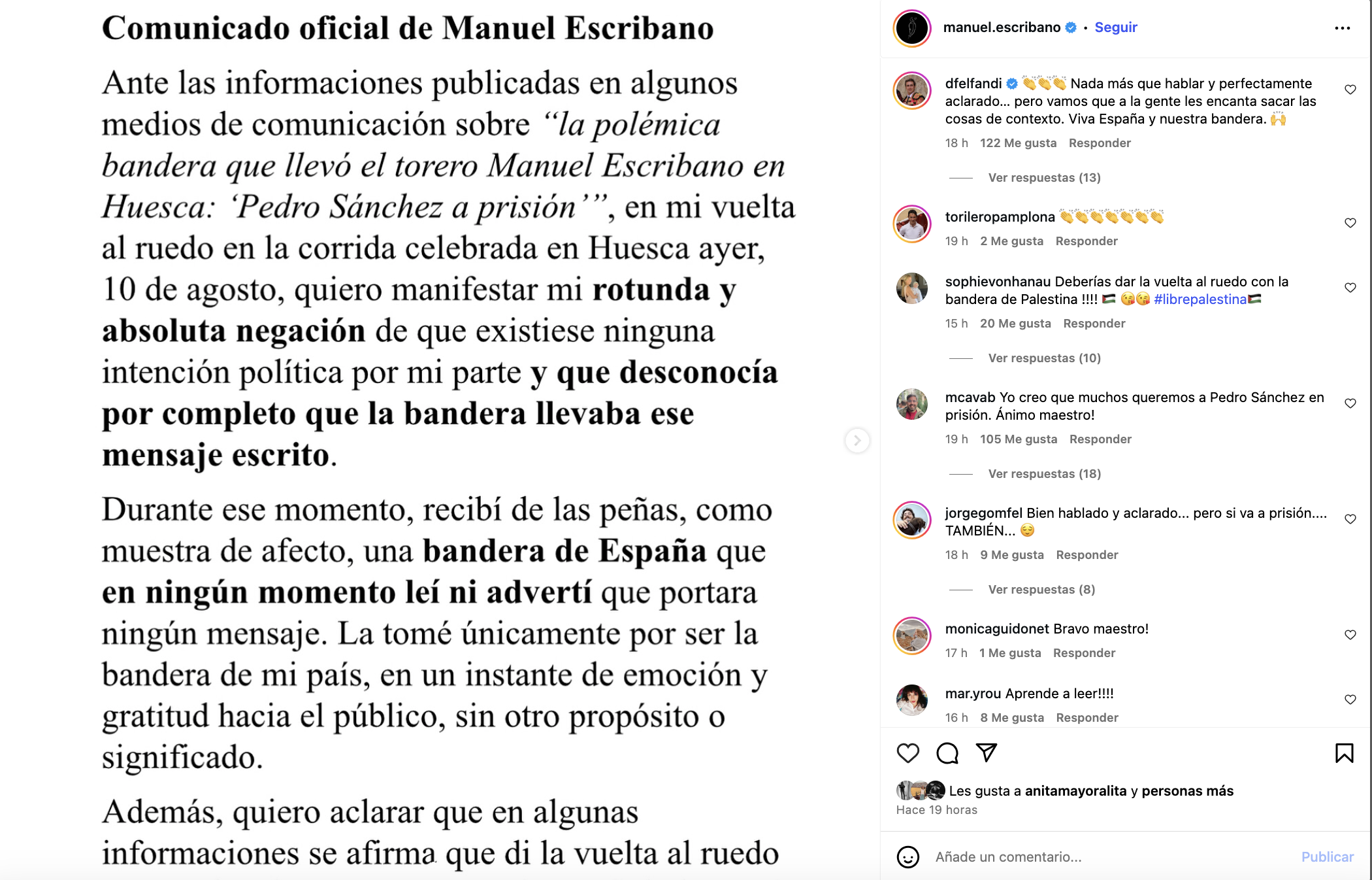 Comunicado de Manuel Escribano en sus redes sociales.