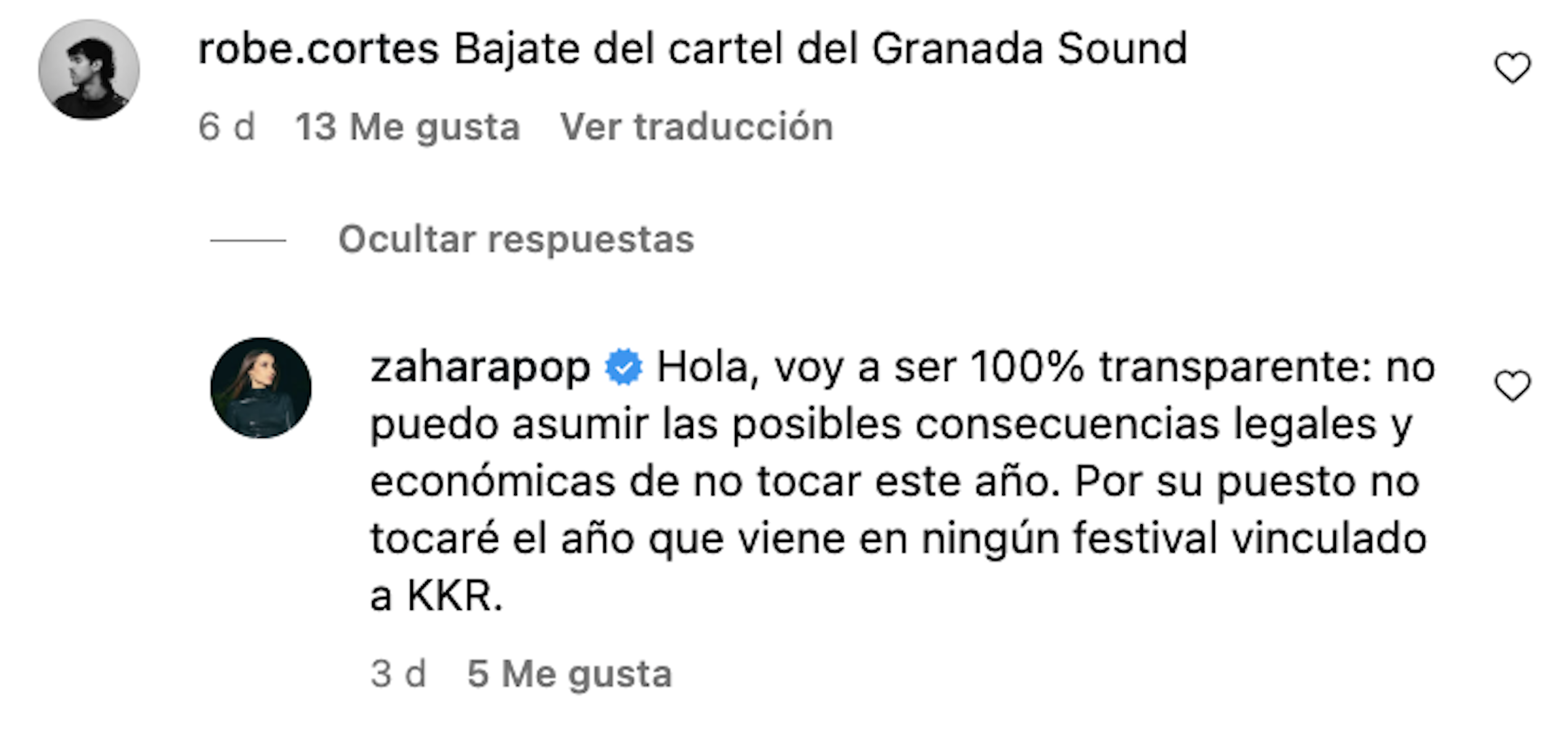 Comentario de Zahara en su perfil de Instagram.