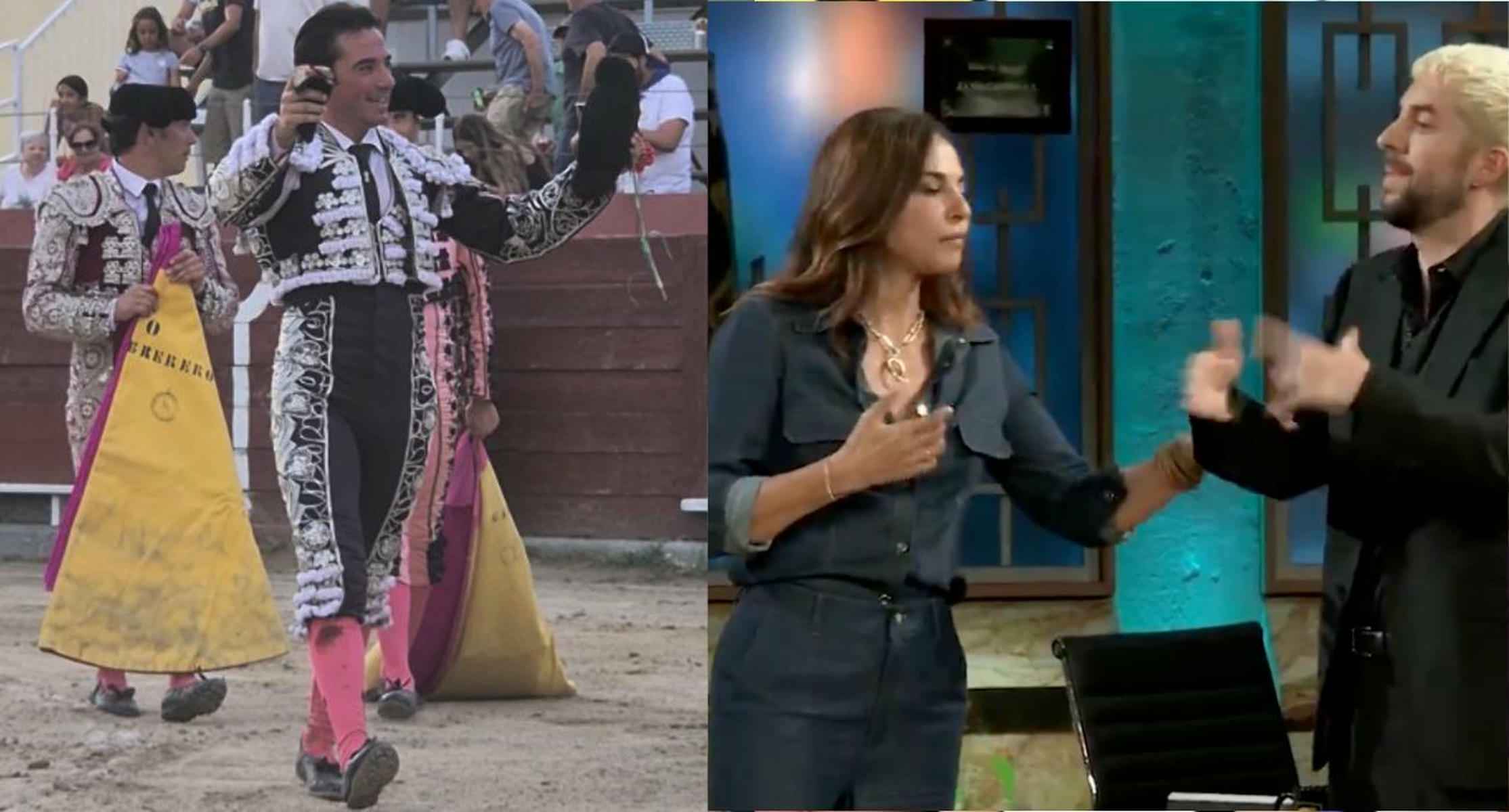 Imanol Sánchez, a la izquierda. A la derecha, Mariló Montero y David Brocano discutiendo sobre la tauromaquia.